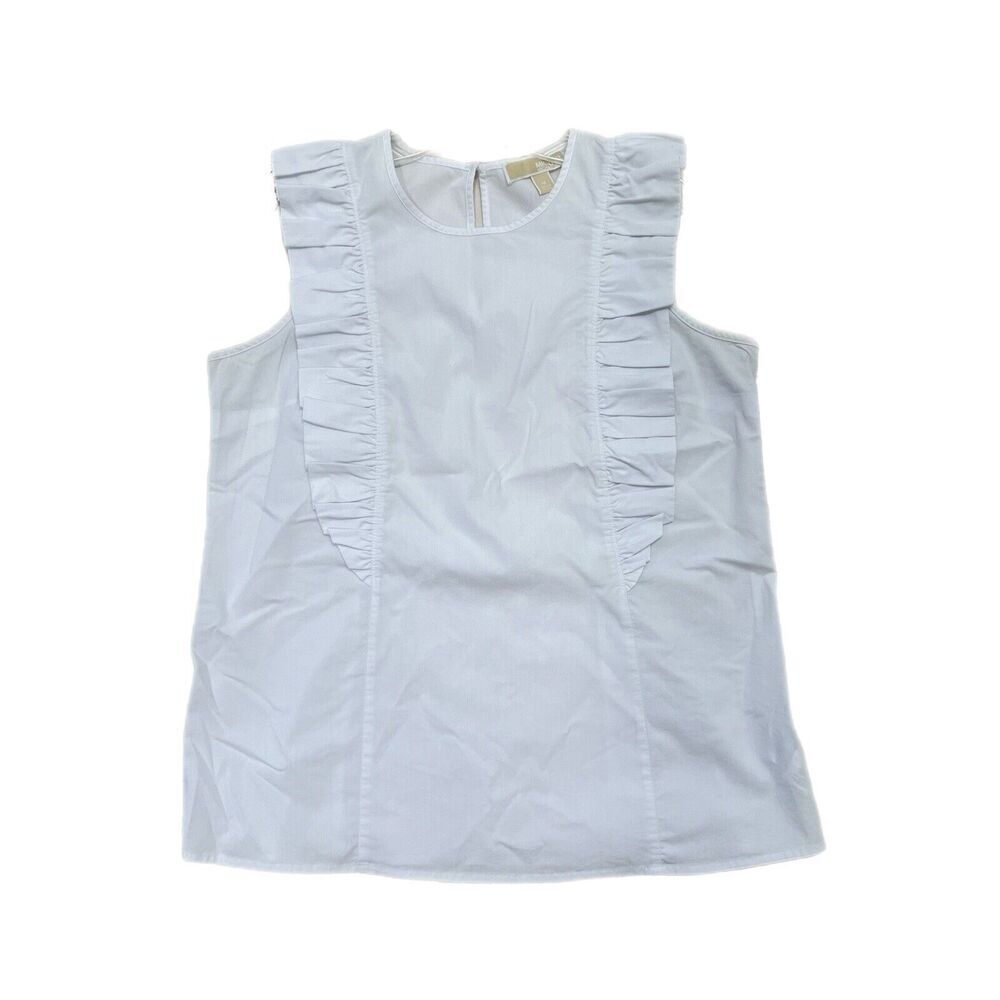 Michael Kors Top Blouse Women M White Ruffled Poplin Stretch Sleeveless